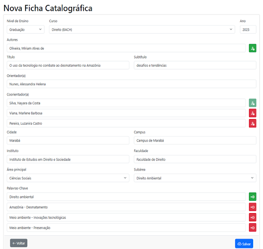 Imagem com um exemplo de um formulário de cadastro de ficha catalográfica preenchido