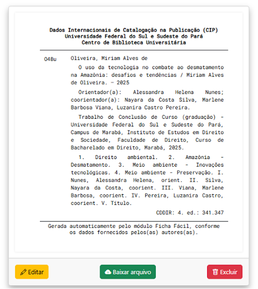 Imagem com um exemplo de uma página web exibindo as fichas catalográficas do(a) usuário(a)